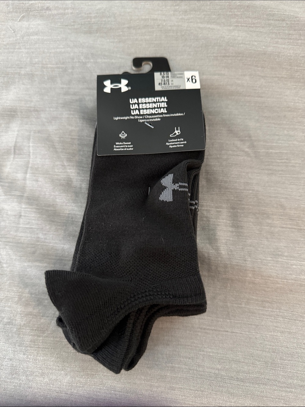 Under Armour Men’s UA Essential No-Show Socks in Black with Gray Logo - 6 Pack